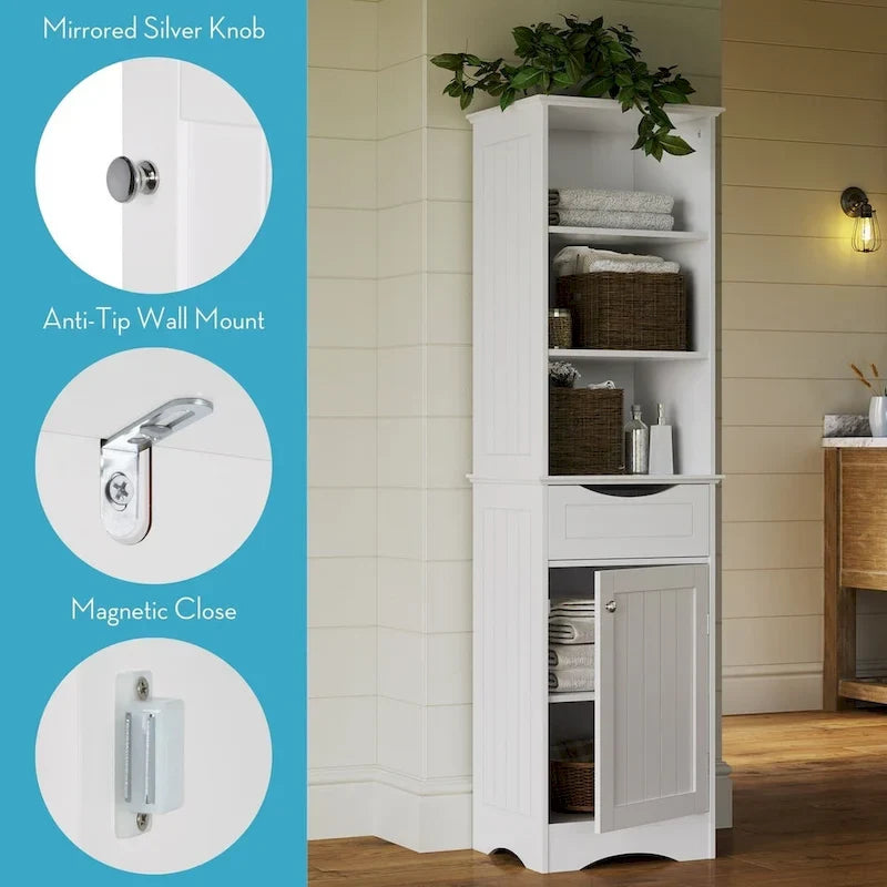 Colonna portaoggetti alta per bagno in lino con cassetto e ripiani