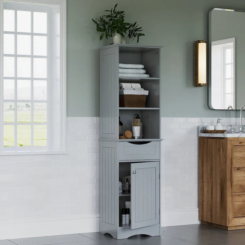Tall Bathroom Storage Linen Cabinet and Organizer with Drawer and Shelves