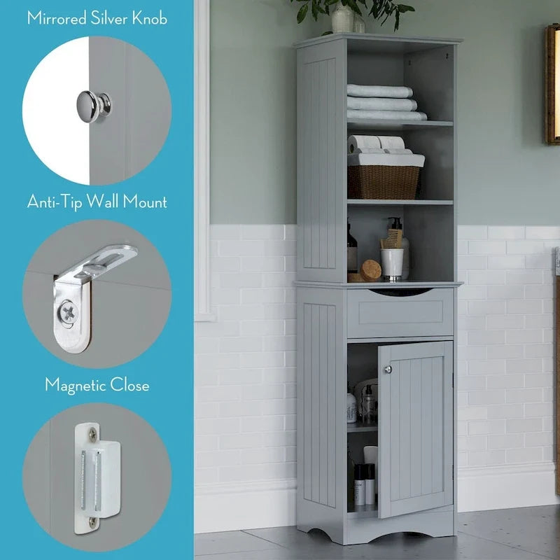 Tall Bathroom Storage Linen Cabinet and Organizer with Drawer and Shelves