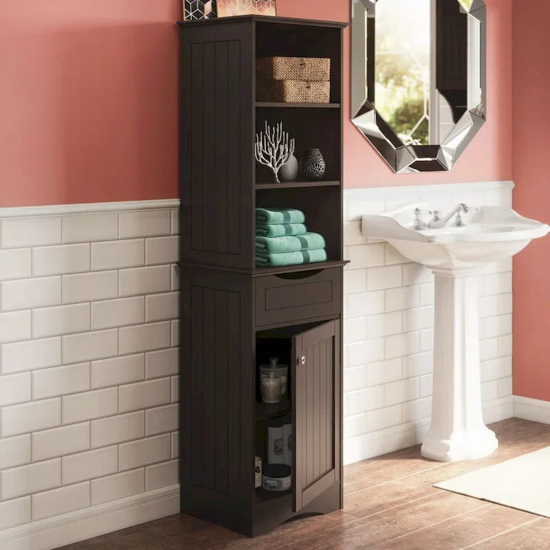 Tall Bathroom Storage Linen Cabinet and Organizer with Drawer and Shelves