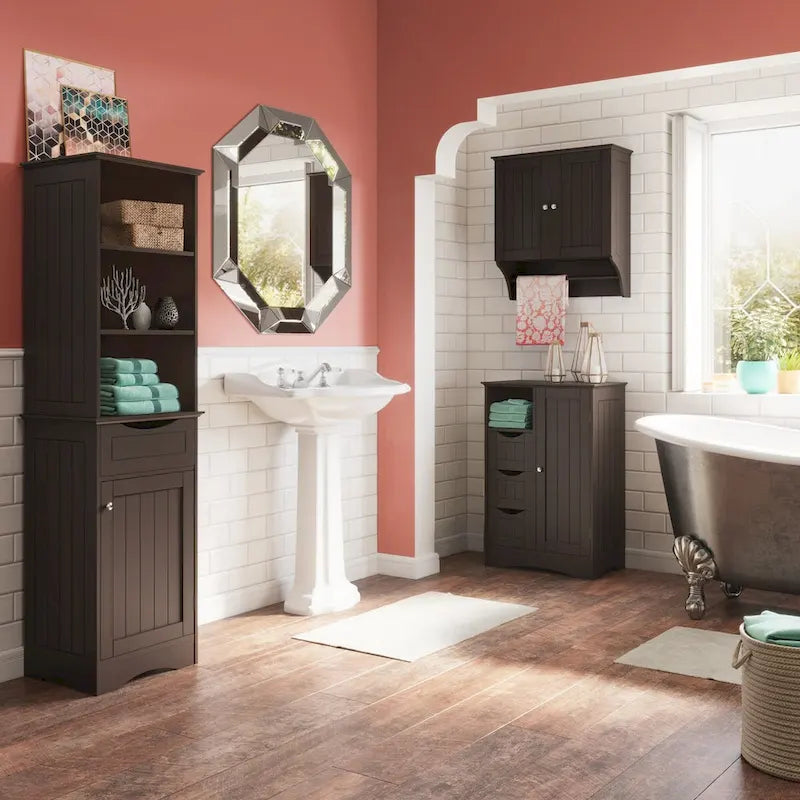Tall Bathroom Storage Linen Cabinet and Organizer with Drawer and Shelves