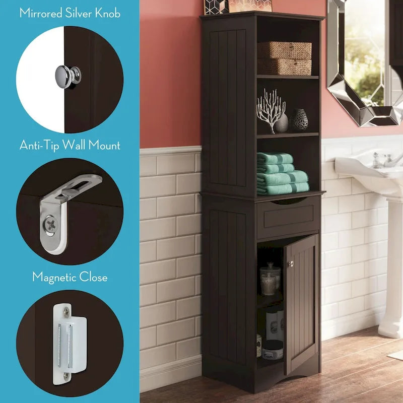 Tall Bathroom Storage Linen Cabinet and Organizer with Drawer and Shelves